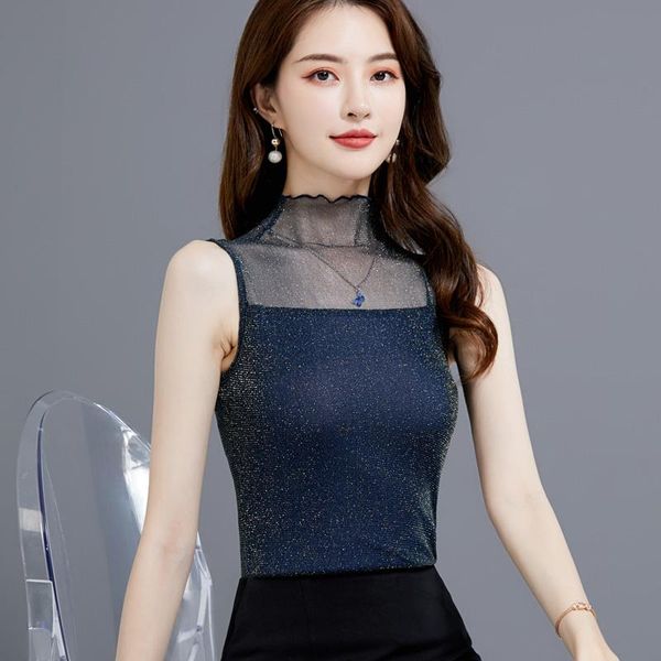 

women's tanks & camis mesh sleeveless women lurex tank fashion female 2021 spring summer elasticty vest pink black camiseta mujer t, White