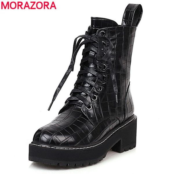 

morazora 2020 new fashion ankle boots women lace up platform boots stone pu leather autumn short women female shoes, Black