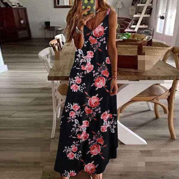 

s-5xl цветочные printed сексуальных женщин robe длинные boho платья лето 2020 рукавов v-образным вырезом свободные платья макси плюс размер, Black;gray