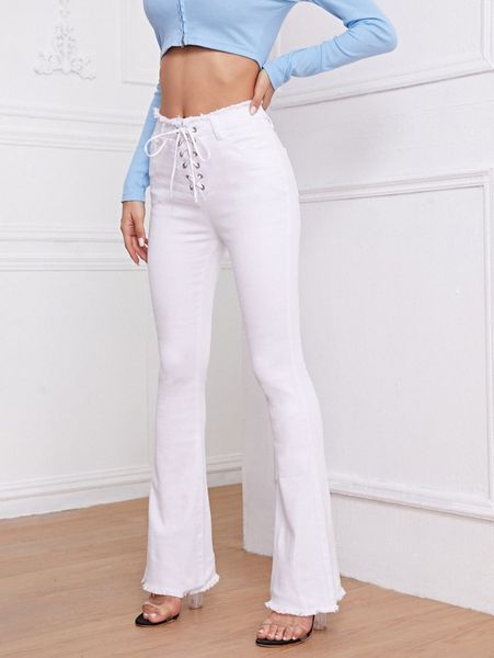 

high waist lace up front flare leg jeans 66rf#, Blue