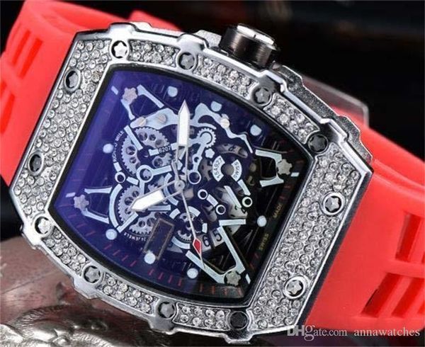 

casual men diamond watches quartz black rubber strap sport rectangular star shape sliver movement gear designer wristwatch modern industrial, Slivery;brown