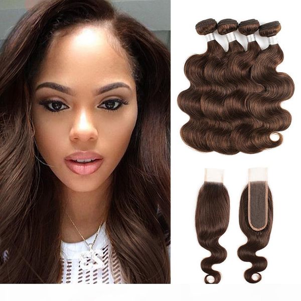 

#4 chocolate brown body wave hair bundles with closure malaysian remy human hair extensions 3 or 4 bundles with 2x6 lace closure, Black;brown