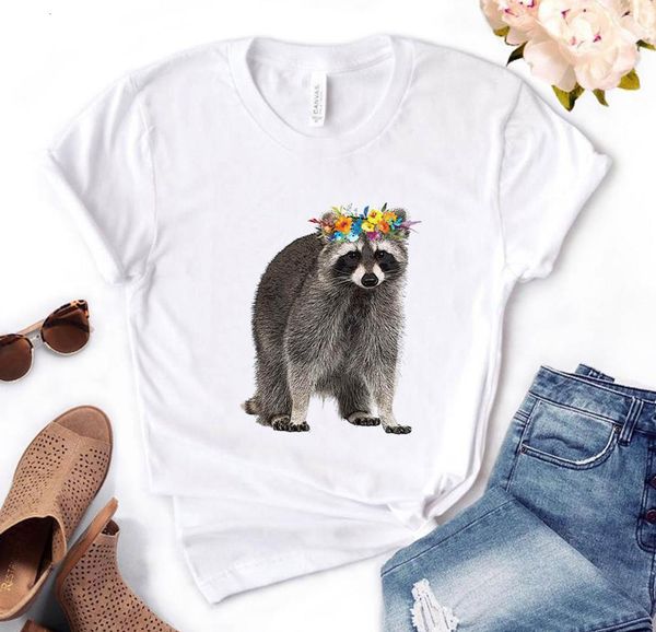 

raccoon floral print women tshirt cotton casual funny t shirt gift for lady yong girl tee pm-162, White