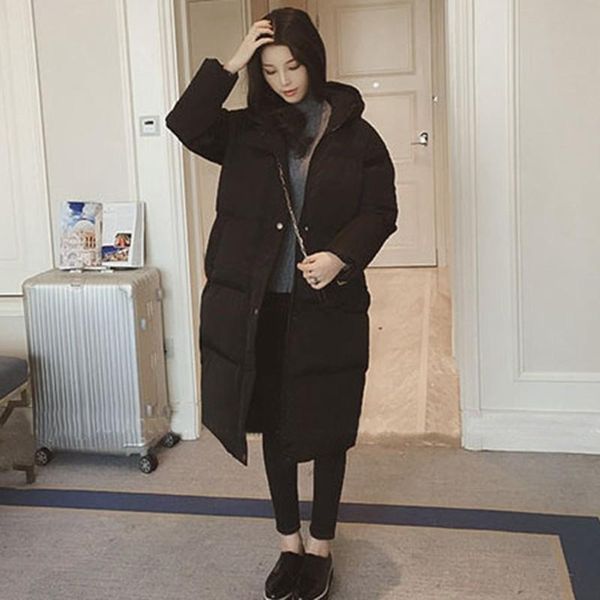 

winter coat women new fashion solid color pocket plus size long jacket korean style long sleeve thick warm hooded parka, Black