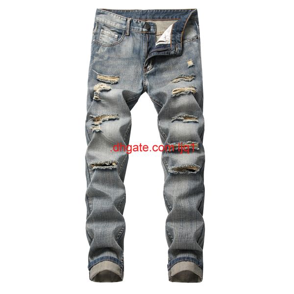

2019 new men's straight fit no stretch jeans men's pants with holes, Blue