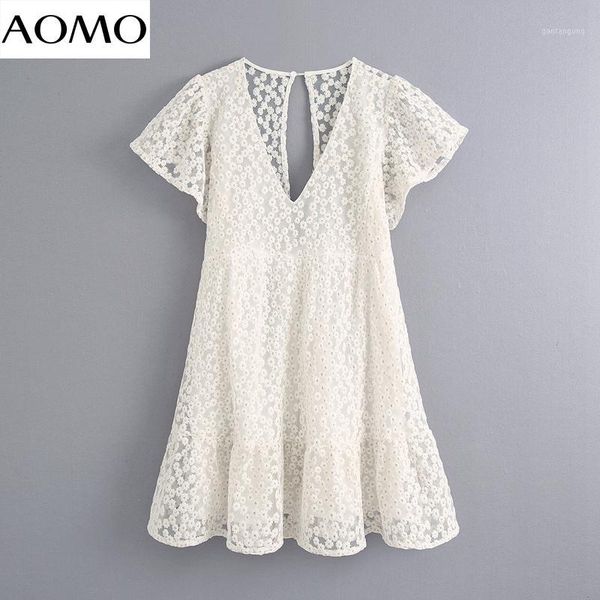 

aomo 2020 new women white floral embroidery playsuit v neck backless short sleeve female beach playsuit be762a1, Black;white