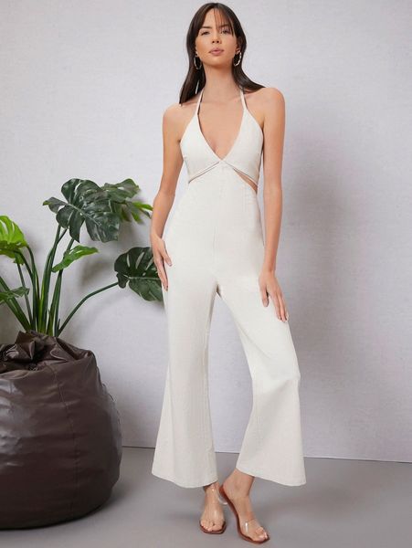 

cutout side tie back halter jumpsuit d4ai#, White