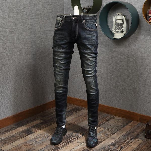 

italian style fashion men jeans retro black blue slim fit ripped jeans men denim pants vintage designer homme