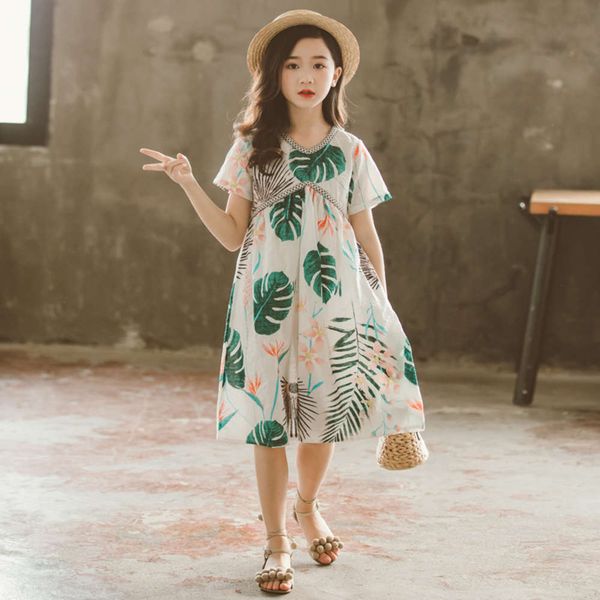 

summer korean girls' skirt middle school children's short sve v-neck ethnic sle plant print baby drs 677, Blue