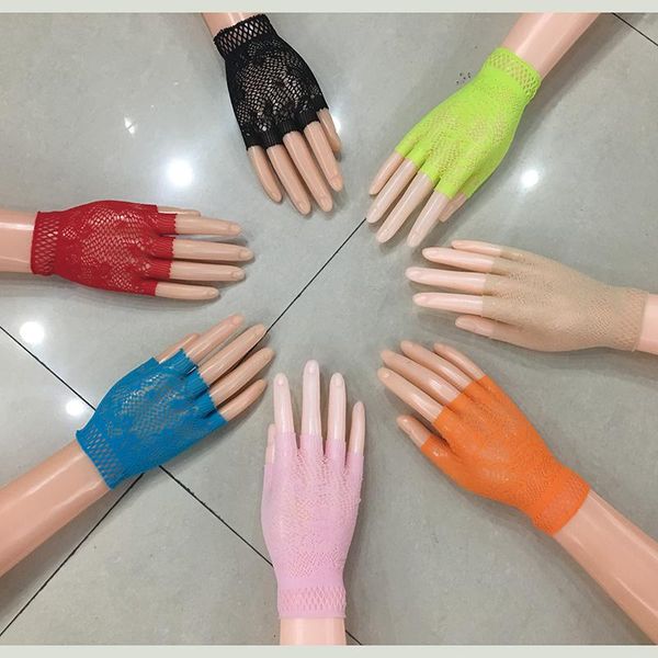 

2020 7 colors new design fashion short mesh punk night club fingerless gloves for women drop shipping retails 610, Blue;gray