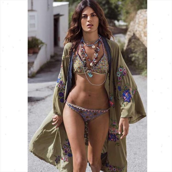 

boho inspired embroidered kimono kaftan open front tie waist beach tunic contrast summer long blouse shirt 2021 blusas, White