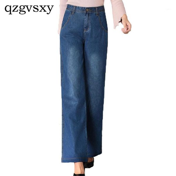 

2018 spring new women's high waist jeans casual fashion wide leg pants loose thin straight jeans.1, Blue