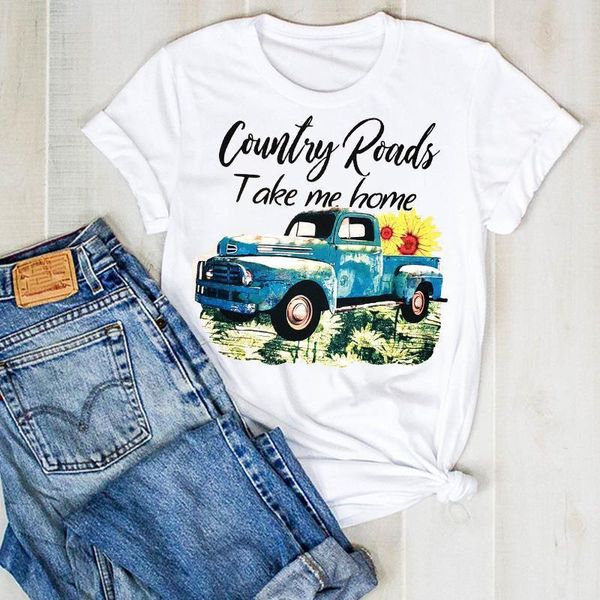 

women lady truck country road sunflower print ladies fashion summer t tee tshirt womens female shirt clothes graphic t-shirt, White