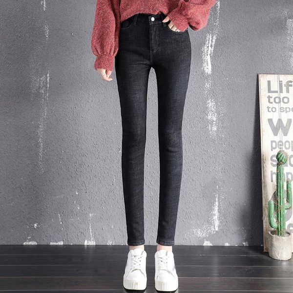 

2021 wimter new fashion simple casual women's solid colour pockets elastic velvet high waist slimming pencil jeans long trousers, Blue