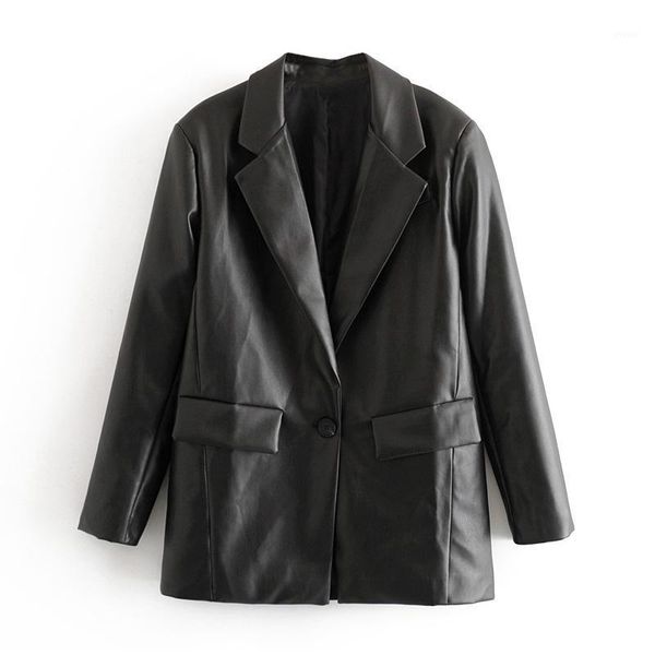 

women fashion pu faux leather blazer suit long sleeve streetwear black jacket coat notched collar loose pockets casual blazers1, White;black