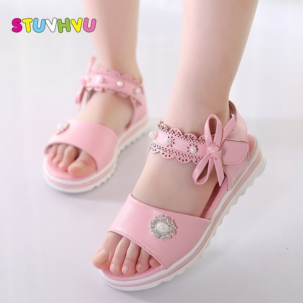 

girls sandals bow summer student princess sandals beads hollow soft bottom children's sandals white pink size 26-36 y200619, Black;red