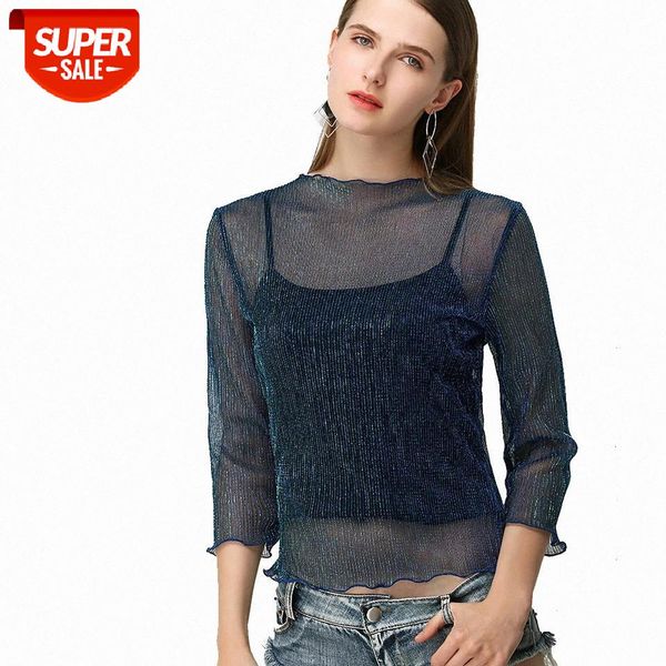 

women t shirt see through transparent mesh long sleeve sheer slim ladies slide wire silk round collar t-shirt #6w9w, White