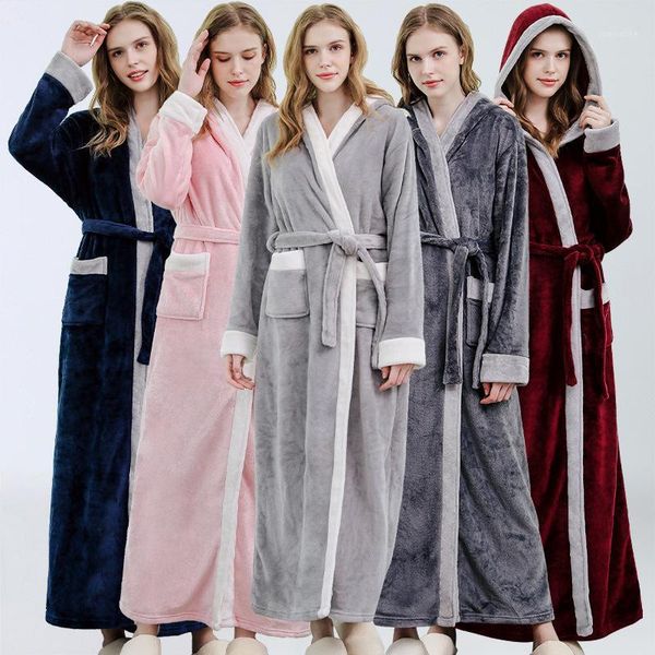 

women winter hooded robe nightwear thicken flannel kimono gown coral fleece sleepwear female lougne bathrobe gown home wear1, Black;red