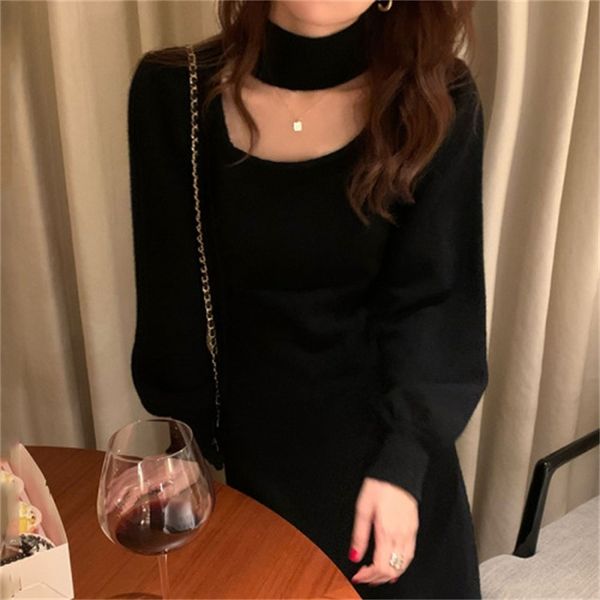 

2021 new dressed in women's solid knitting turtleneck elegant hollow out lantern sleeves waist dress line to spring 90lk, Black;gray