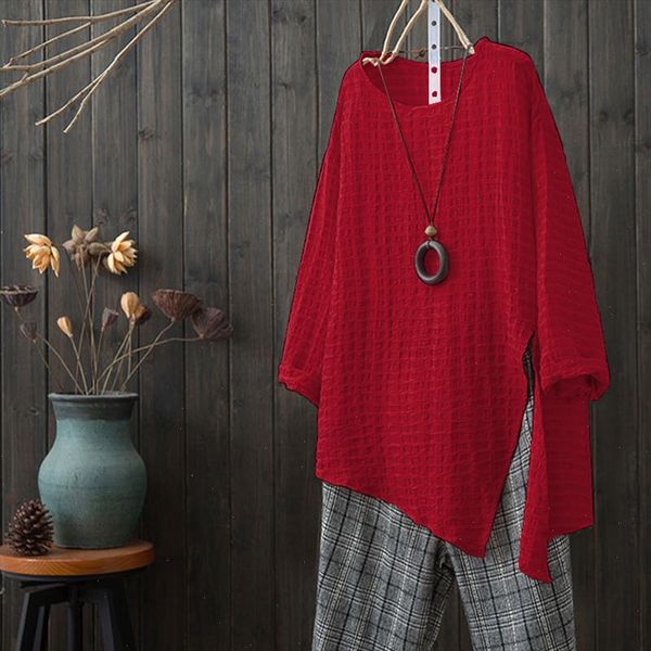 

blusas 2021 zanzea women summer o neck half sleeve solid blouse loose casual split hem party baggy fashion shirt plus size, White