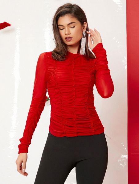 

ruched form fitted mock neck t2z2#, White