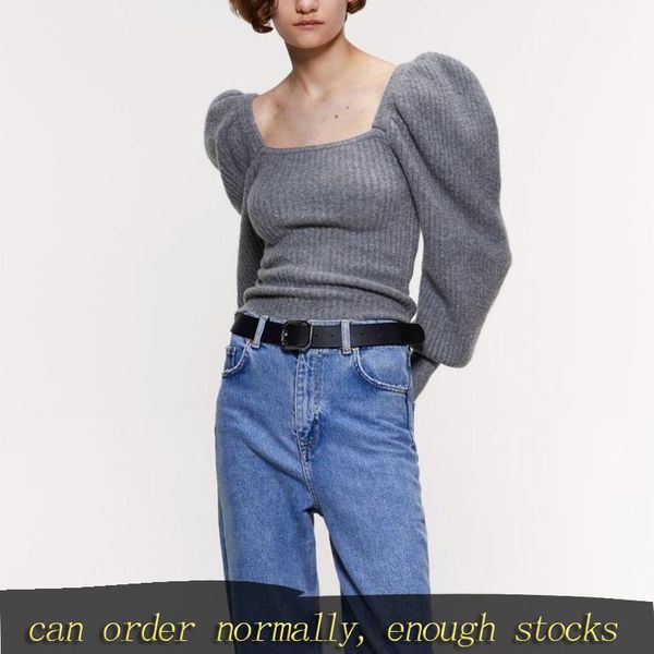 

deat 2020 new spring fashion women clothes stocks sqaure collar pullover puff sleeves knitting sweater wk565021, White;black