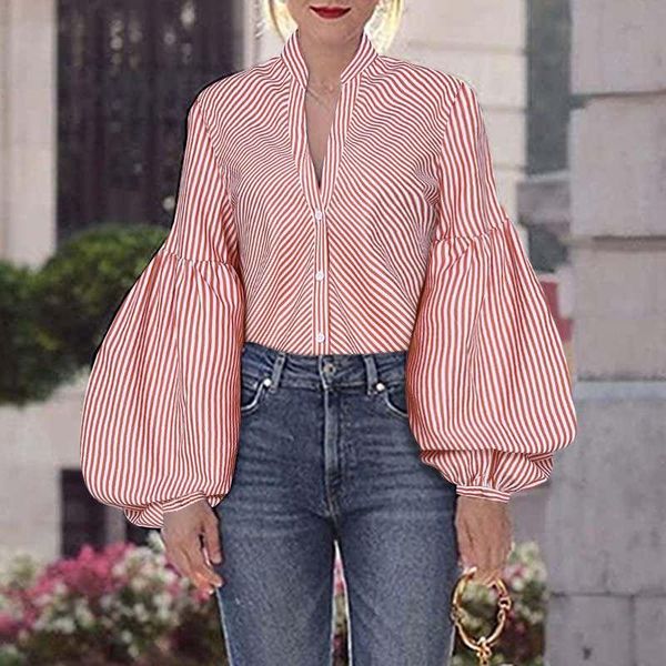 

top fashion women sexy v-образным вырезом полосатые винтажные блузки celmia 2020 осень длинный фонарь рукава вскользь рубашки элегантный офи, White
