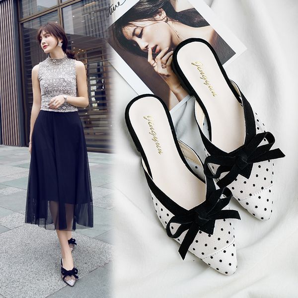 

web celebrity with lace white gauze muller shoes pointed baotou flat shoes half dragged outside wear cool slippers x1020, Black
