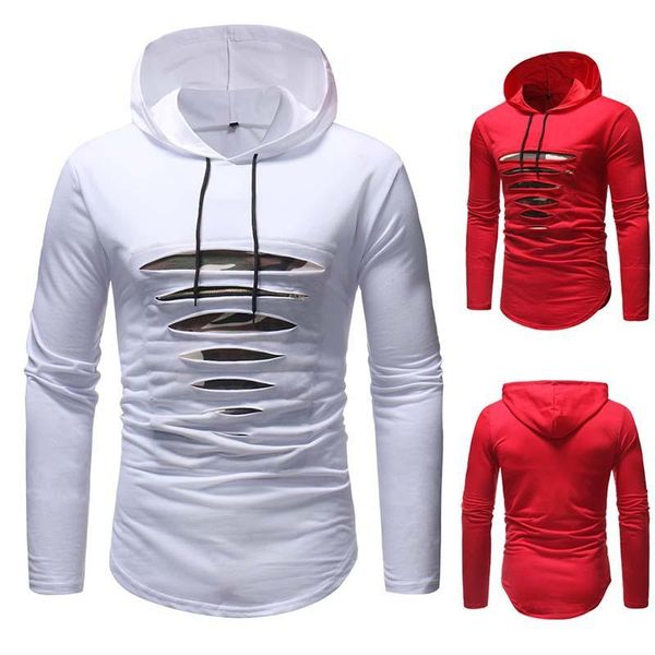 

men's hooded t-shirt long sleeve solid color zipper patchwork pullover t-shirt with holes casual slim type cotton, White;black