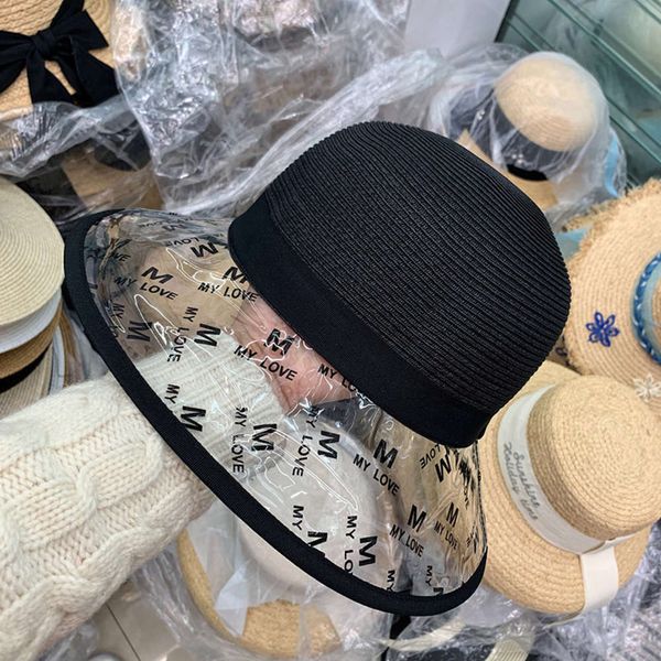 

letters personalized stitching transparent korean spring and summer simple dome straw hat student travel decoration versatile trend, Blue;gray