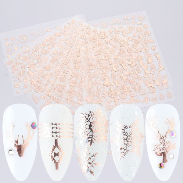 

new gold 5d christmas stickers shiny design rose polish sliders holographics snowflake nail art decor decals lastzg050-058 2