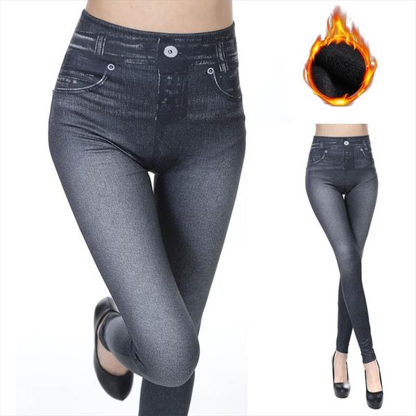 

thick jeans leggings with pocket fleece lined warm leggings high waist pencil pants push up women jeggings fake denim jeans 3xl, Black