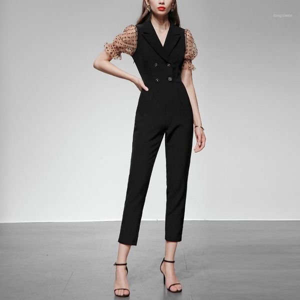 

seifrmann fashion office lady slim jumpsuits notched double breasted mesh lantern sleeve dot summer working jumpsuits1, Black;white