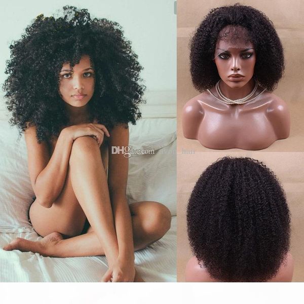 

afro kinky curly lace front wigs malaysian virgin human hair glueless full lace wigs with bleached knots baby hair for black women, Black;brown