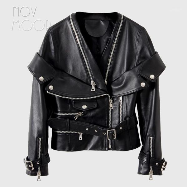 

novmoop european fashion style women summer autumn black sheepskin genuine leather motor biker jacket with sashes veste lt31721