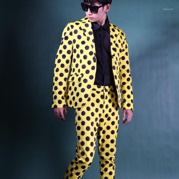 

wave yellow black point suit korean custom made men 2pcs suits set (jacket+pant) male street fashion suit blazer jacket dj stage1, White;black
