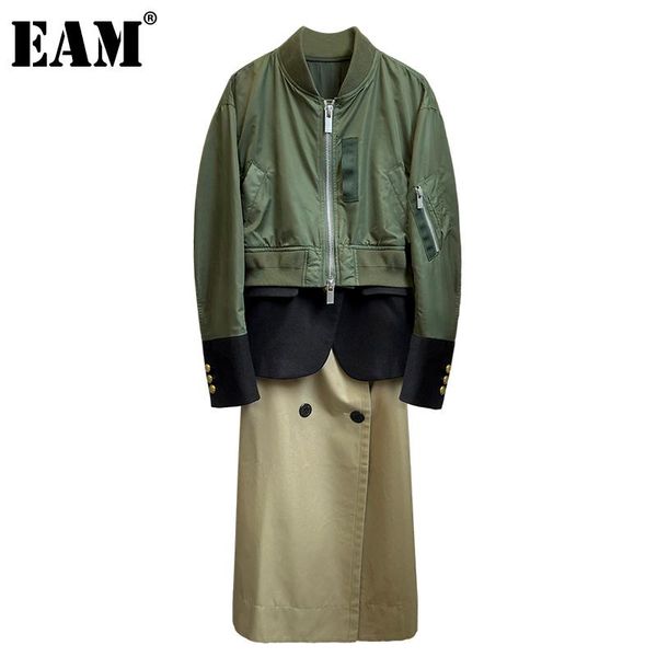

eam] women green contrast color big size dress new stand collar long sleeve loose fit fashion tide spring autumn 2020 1db802, Black;gray