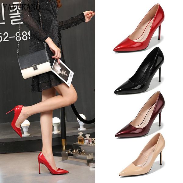 

thin heel pointed toe high heels black patent leather women shoes brand design high-quality pumps red wedding party shoe 33