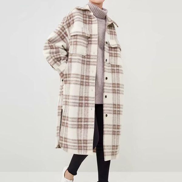 

women's wool & blends zoulv women autumn winter plaid shirts coats 2021 long sleeve pockets female casual loose outerwear overcoat, Black