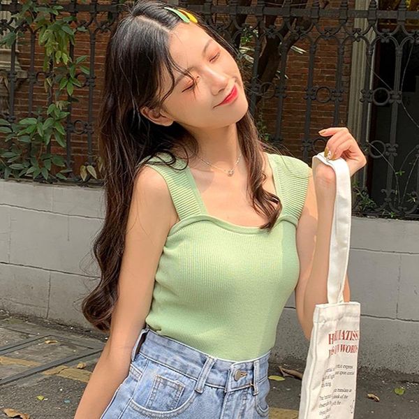 

basic summer square collar knitted tank women casual pullover sleeveless women fashion high elasticity, White