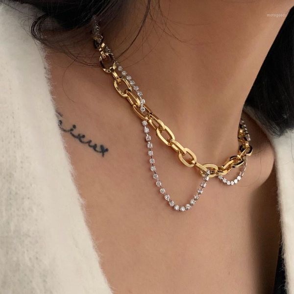 

chokers hiphop gold silver color crystal chunky chain choker necklace for women girl metal tennis layered statement necklace1, Golden;silver