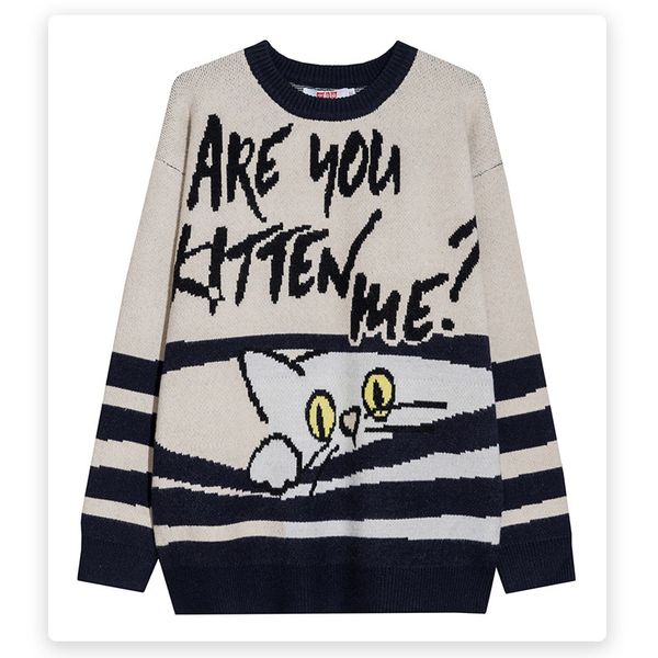 

2021 new men sweater cartoon funny cat print o-neck sweaters mens soft casual trendy fashion autumn streetwear kitten pattern io25, White;black