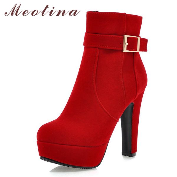 

meotina female boots women boots winter buckle super high heel ankle boots zipper platform thick heel short shoes lady red 33-43 y200723, Black