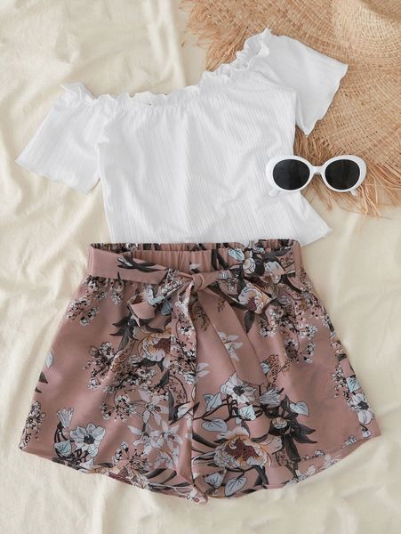 

rib-knit tee & belted floral shorts set g5gn#, White