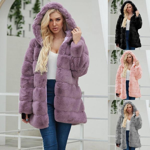 

2020 new fur cat winter clothes women ladies warm faux fur coat jacket solid hooded outerwear, Black