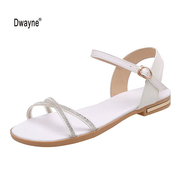 

women sandals 2020 new arrival summer genuine leather flat sandals with rhinestones women shoes for girl big size eu34-43 0928, Black
