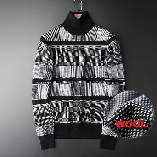 

men turtleneck sweater luxury wool blending striped mens sweaters plus size 4xl hight quality slim fit sweater man winter, White;black