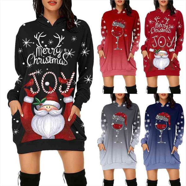 

fashion womens dress casual merry christmas prints bag hip pocket long sleeves hoodies sweatshirts xmas dresses with pockets, Black;gray