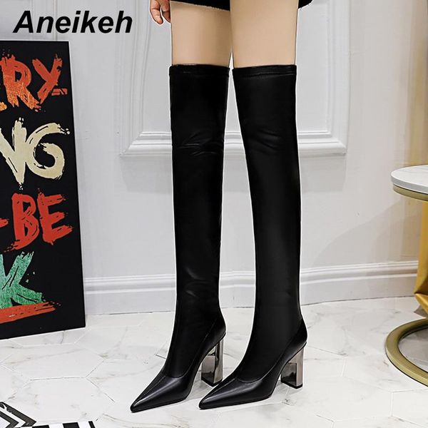 

boots aneikeh 2021 spring/autumn riding, equestrian women's square heel sewing rome slip-on solid over-the-knee ladies shoes, Black