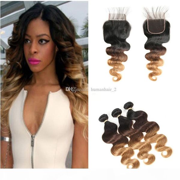 

honey blonde ombre lace closure 4x4 with bundles body wave 1b 4 27 light brown blonde ombre peruvian virgin hair wefts with closure, Black;brown